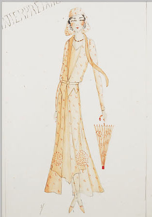 VIER MODEZEICHNUNGEN, 20ER JAHRE, BLEISTIFT KOLORIERT, 30 X 19 CM, ALTERSSPUREN
