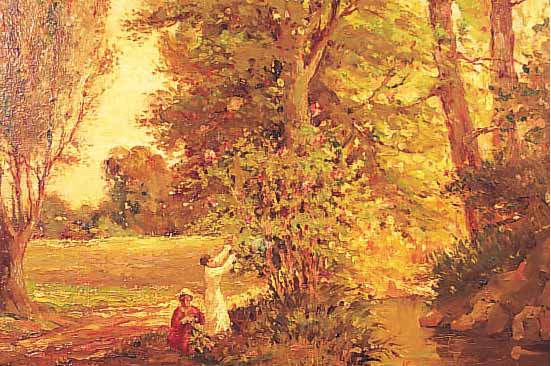 Jann, Wimm, 2 Pendants, datiert 1917, Öl/Holz,, 46 x 55 cm, Landschaftsdarstellung am Bach, 1 x mit zwei Mädchen beim Beeren- pflücken, ...