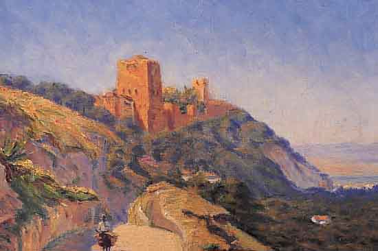 KNUTSEN, KNUD HERNOD, *1900 - 1967, SKAN- DINAVISCHER KüNSTLER, HIER: ESELSREITER IN SONNIGER LANDSCHAFT BEI GRANADA, FARBLICH NUANCENREICH ...