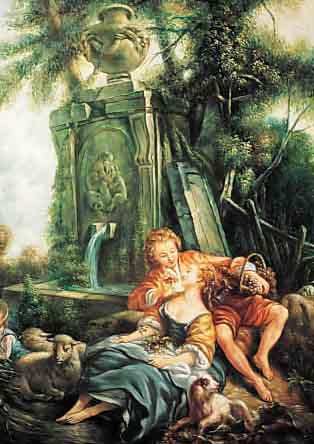 KOPIST 1. HäLFTE 20. JH., NACH EINEM ORIGI- NAL VON FRANCOIS BOUCHER, HIER: SCHäFER- STüNDCHEN, ÖL/HOLZ, UNSIGN., 60 X 50 CM, R.