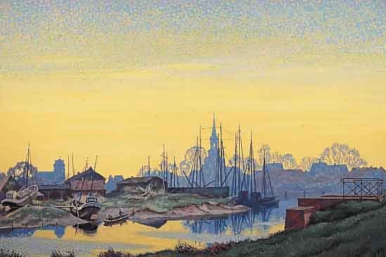KöRBER, WILHELM, *1902 BERLIN - 1991, STUD. AN DER HDK BERLIN U.A. BEI DEN PROF. TANK, RICHTER U. LENK, HIER: HAFEN AM ABEND ...