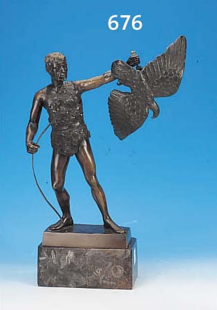 SKULPTUR, PROF. HARTUNG, 20ER JAHRE, BRONZEGUß, JäGER, BOSSIERNäHTE GELöST BZW. GELOCKERT, BOGEN BESCHäDIGT UND SEK., ADLER- ...