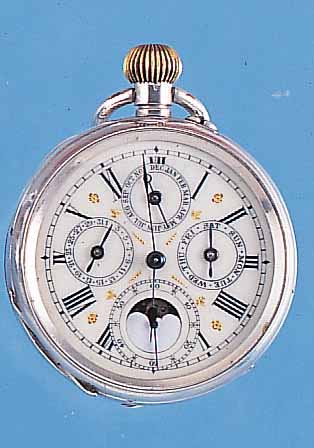 HERRENTASCHENUHR LEPINE, REF.-NR. 34172, SCHWEIZ UM 1895, 935ER SILBER, VOLLKALENDER- ANZ. INCL. MONDPHASE, EMAILBL. 2-TEIL. M. ...