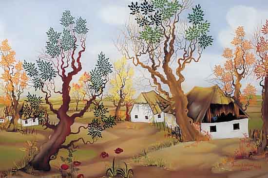 LOVKOVIC, IVANA, JUGOSLAWISCHE NAIVE KüNST- LERIN, HIER: HäUSER ZWISCHEN KNORRIGEN BäUMEN,HINTERGLASMALEREI, SIGN. U. DAT. 1973, 55 X 68 CM, R.