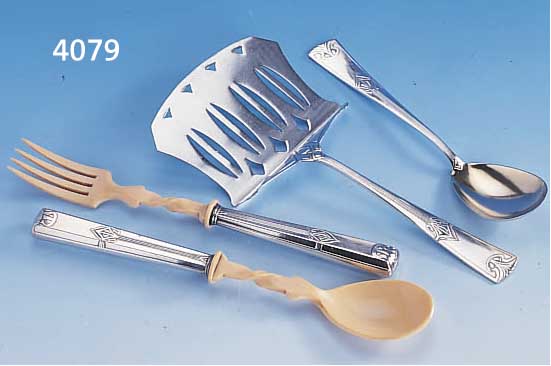 6 VORLEGETEILE, WMF UM 1900/05, ATELIER ALBERT MAYER, REINER JUGENDSTIL, BEST. AUS 2-TEIL. SALATBESTECK MIT BAKELIT-GEBR.TEILEN, 3 ...