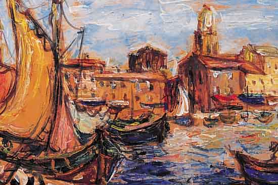 MILO, V., MITTE 20. JH., MEDITERRANE HAFEN- STADT MIT SEGELBOOTEN, ÖL/MALKARTON, SIGN., 33 X 50 CM, IM PP, UNTER GLAS GER.
