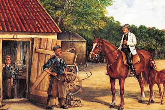 OKSBY, A., WOHL BRITISCHER KüNSTLER ANFANG 20. JH., REITER VOR DER DORFSCHMIEDE, ÖL/LWD. (DOUBL./REST.), SIGN. U. DAT. 1918, 32 X 46 ...