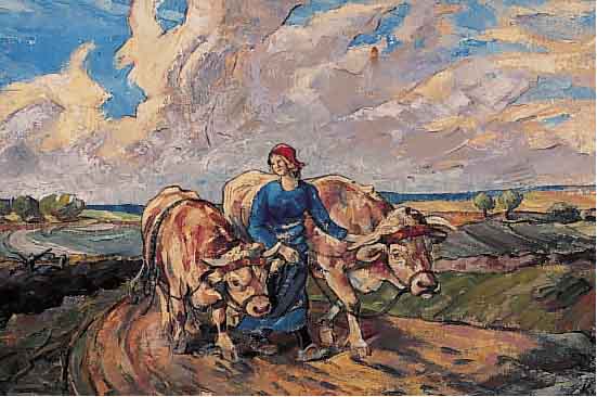 SEIFERT, KARL, *1896 LEIPZIG, STUDENT DER LEIPZIGER AKADEMIE, WERKE U.A. IM MUSEUM LEIP-ZIG, HIER: BäUERIN MIT OCHSENGESPANN IN HüGELIGER ...