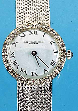 DAMENGOLDBANDUHR, SCHWEIZ UM 1968, WG 750/ 000-GEH. INCL. WG-FLECHTBAND RODH., AUFWEND. LüNETTE M. 32 8/8 DIAMANTEN ZUS. CA. 0,5 CT WEIß/VSI, ...