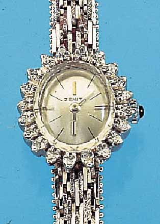 ZENITH DAMENGOLDBANDUHR, SCHWEIZ UM 1970, WG 750/000-GEH. INCL. WG-GLIEDERB. RODH., SCHMUCKKRONE, AUFWEND. LüNETTE M. 20 8/8 DIA- MANTEN ZUS. ...