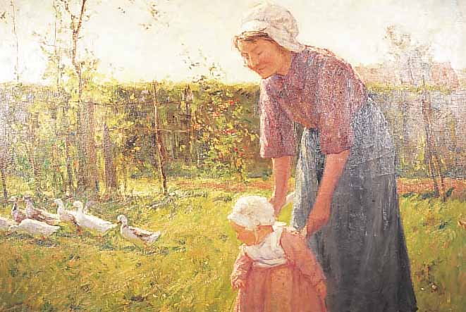 RIKERT, LEON, FRAU MIT KIND UND GäNSEN, ÖL/LWD., SIGN., 75 X 93, R., FEINE IMPRESS. MALEREI MIT GROßER VARIANZ IN DEN FARBTöNEN