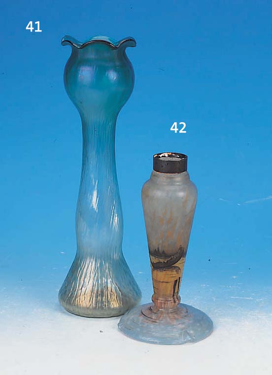 LAMPENFUß, DAUM, NANCY, UM 1910/15, GLAS, MIT PATE-DE-VERRE, H. 21 CM, EMAIMALEREI, VENEZIANISCHE LANDSCHAFT, SIGNIERT, SCHöNE QUALITäT