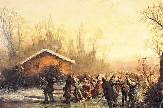 THUNS, E.(?), WINTERTREIBEN, ROMANTISCHE ABENDLANDSCHAFT, REICHE FIGURENSTAFFAGE, ÖL/LWD., RE. UNTEN SIGN., DOUBL., 40 X 64 CM,R