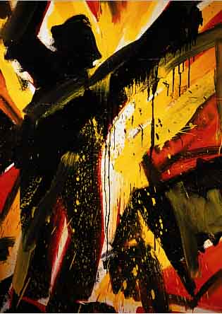 FILATOW, NIKOLAY, DUNKLE MäNNERSILHOUETTE VOR HELLEN FARBEN, ÖL/LWD., RüCKSEITIG SIGN., BEZ. U. DAT. 1987, 120 X 90 CM