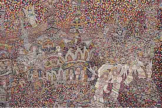 Makuwki, himmlische Darstellung, ÖL/Lwd., Mosaiktechnik, rückseitg sign. u. dat. 1982 - 84, 35 x 49 cm