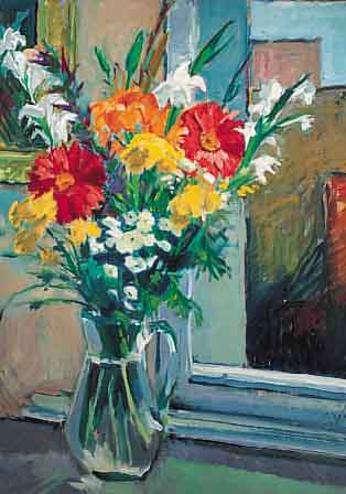 UNBEK. KüNSTLER D. 20. JH., BLUMENSTRAUSS AM FENSTER, ÖL/LWD., 70 X 60 CM, R.