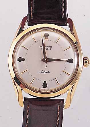 NIVADA HERRENARMBANDUHR ANTARKTIC, REF.-NR. 557849, SCHWEIZ UM 1958, GG 750/000, BODEN GE-SCHR., AUSSER LEDERB. ALLES ORIG., VERS. BLATT17 ST., ...