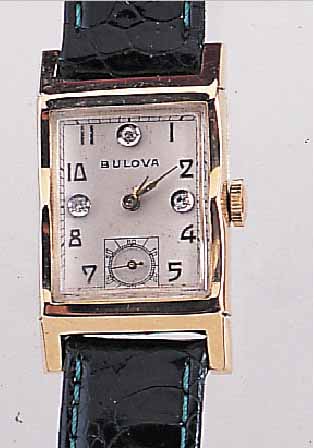 BULOVA HERRENARMBANDUHR, REF.-NR. 9021885, USA UM 1950, GG 585/000, AUFWEND. RECT.-FORM, BODEN GEDR., VERS. BLATT, 1/4 STD.-ZEICHEN BEI3, 9 U. 12 ...