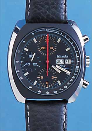 NIVADA ARMBANDCHRONOGRAPH CHRONOMATIK/GLX, REF.-NR. 87056, SCHWEIZ UM 1979, EDELST., Lü- NETTE SCHW. MATTIERT, LEDERB., SCHUTZHüLLE, BED.-ANL., ...