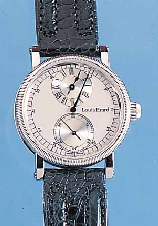 LOUIS ERARD HERRENARMBANDUHR REGULATEUR, REF-NR. 0896, SCHWEIZ UM 1997, METALLGEH. RODH., BEIDS. MINERALVERGL., VERS. BLATT M. TYPISCH ...