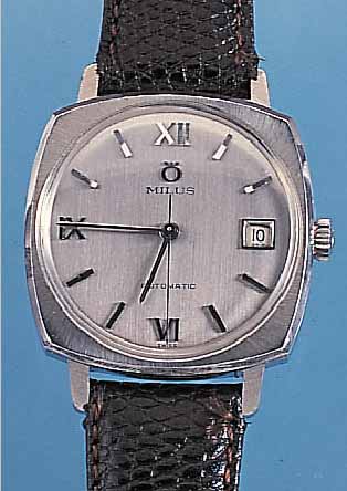 MILUS HERRENARMBANDUHR AUTOMATIK, REF.-NR. 20-87, SCHWEIZ UM 1970, EDELST., BODEN GESCHR.25 ST., ETA KAL. 2472, INCABL., RINGUNR., FLACHSPIR., ...