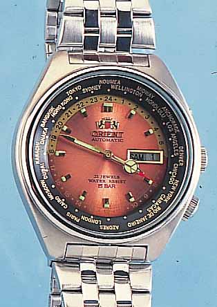 ORIENT HERRENARMBANDUHR AUTOMATIK, REF.-NR. 469EE6-70CA, JAPAN UM 1972, EDELST. POL., BODEN GESCHR., EDELST.-BAND, MINERALFLACHGL., WELTZEIT ZU ...