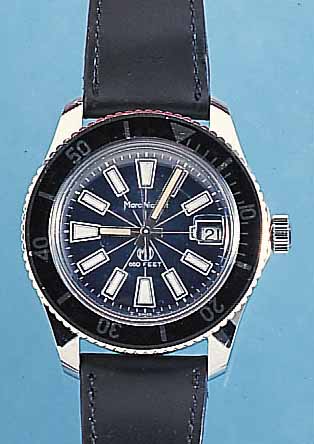 MARC NICOLET HERRENARMBANDUHR, REF.-NR. 34-246, SCHWEIZ UM 1968, METALL HARTVERCHR., EDELST.-BODEN GESCHR., TAUCHERUHRDESIGN, LEDERB., ...