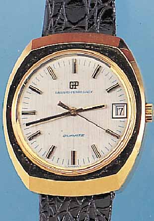 GIRARD PERREGAUX HERRENARMBANDUHR QUARTZ, REF.-NR. RE1115, SCHWEIZ UM 1974, METALL MAS- SIV GEH. HART VERG., EDELST.-SCHR.-BODEN, KAL. ...