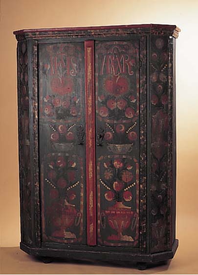 BAUERNSCHRANK, SüDDEUTSCH, 19. JH., WEICH- HOLZ MIT ALTER BEMALUNG, BESCHLäGE SPäTER, EINE LEISTE FEHLT, ALTERS- UND FARBSCHäDEN, 164 X ...