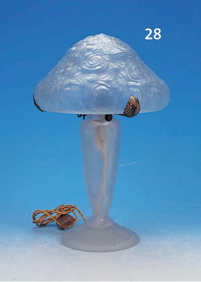 TISCHLAMPE, FRANKREICH, 20ER JAHRE, FARBLO- SES PREßGLAS, FUß MIT DARST. DREIER FRAUEN- AKTE MIT ROSENDEKOR, MONOGRAMMIERT EL ODER LV LIGIERT, ...