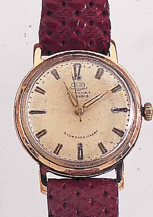 GUB HERRENARMBANDUHR AUTOMAT, REF.-NR. 34744DEUTSCHLAND UM 1961, METALL HART VERG., BODEN GEDR. (GEH. BER.), ORIG.-BLATT FL., ZENTRAL- ROTOR, 23 ...