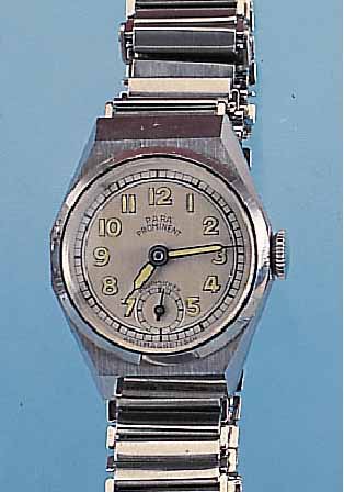 PARA DAMENARMBANDUHR PROMINENT, DEUTSCHLAND UM 1940, EDELST. (V2A), INCL. EDELST.-BAND, ORIG.-LAGERKASTEN, UNGETR. LAGERW., VERS. BLATT, KL. ...