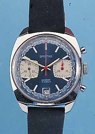 SPORTING ARMBANDCHRONOGRAPH, REF.-NR. 40919,SCHWEIZ UM 1970, METALL MASSIV HARTVERCHR., EDELST.-BODEN GESCHR., 30-MIN.-STOPPZäHLER, DATUM BEI ...