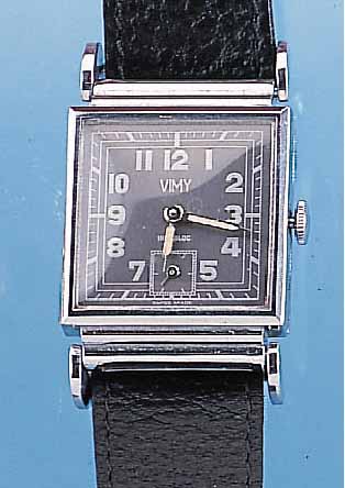 VIMY HERRENARMBANDUHR ART DECO, SCHWEIZ UM 1940, METALL CARREE-GEH. HARTVERCHR., BET. SCHARNIERBANDANST., ZIFFERBL. ANTHRAZITFARB., 15 ST., ...