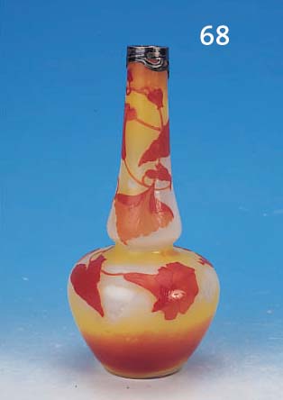VASE, DAUM NANCY, UM 1915, FARBLOSES GLAS, MILCHGLASüBERFANG, GELB UND ROT üBERFANGEN, GESCHNITTENER UND GESCHL. DEKOR, ...