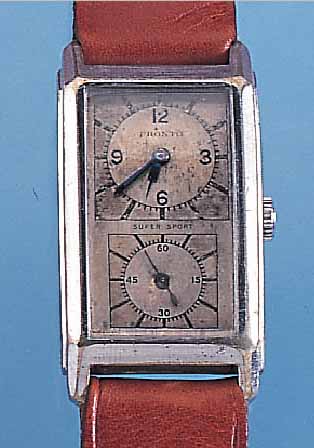 PRONTO HERRENARMBANDUHR, SOGN. DOCTOR'S WATCH, NICKEL-RECTANG-GEH., SCHARNIERBD., ALTERS- BED. BER., SCHWEIZ MITTE 30ER JAHRE, 2-FARB. MATT ...