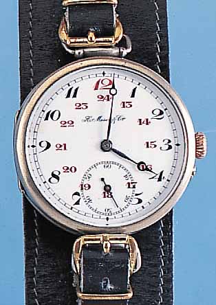 HENRY MOSER & CIE. HERRENARMBANDUHR, REF.- NR. 183746, SCHWEIZ/RUßLAND UM 1916, NICKEL, SCHARNIERB., GLASR. U. CUVETTE AUFGEDR., EMAILBL. ...
