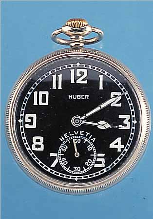 HUBER HERRENTASCHENUHR HELVETIA, REF.-NR. 4070612, SCHWEIZ/DEUTSCHLAND UM 1932, NICKEL- SCHR.-GEH., EMAILBL. (REP. BEI 5), 15 ST., VERN., ...