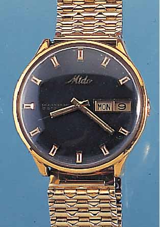 MIDO HERRENARMBANDUHR OCEANSTAR, REF.-NR. 5059, SCHWEIZ UM 1964, METALL-EINSCHALENGEH., HART VERG., NEUTR. VERG. BAND, AUFWEND. BLATT M. EXTREM ...