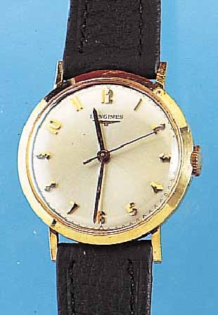 LONGINES HERRENARMBANDUHR, REF.-NR. 072611, SCHWEIZ/USA UM 1962, GG-FILLED, GLASR. GEDR., VERS. ORIG.-BLATT M. AUFGES. GOLDSTD.-ZEICHEN,LEDERB. NEU, ...