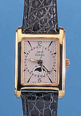 ORIS HERRENARMBANDUHR AUTOMATIK, REF.-NR. B7460, SCHWEIZ UM 1997, EDELST. HARTVERG., BODEN 4-FACH VERSCHR., RECT.-FORM, BOMB. SAPHIRGL., ...