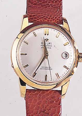 DULFI HERRENARMBANDUHR AUTOMATIK, REF.-NR. 63-5, SCHWEIZ UM 1955, GG 750/000, BODEN GE- SCHR., SELTENE DATUMANZEIGE BEI 3, KORREKTUR- DR. HIERFüR ...