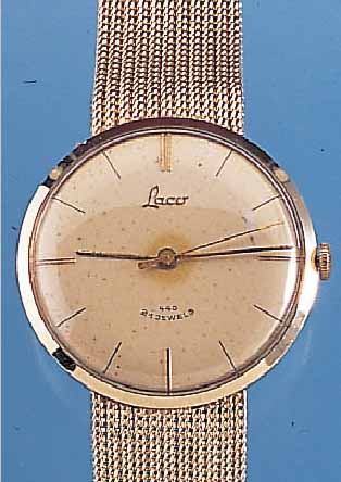 LACO HERRENGOLDBANDUHR, REF.-NR. B364, DEUTSCHLAND UM 1964, GG 585/000-GEH. INCL. GG-FLECHTBAND, BODEN GEDR., VERS. BLATT ALTERSBE-D. FL., 21 ...