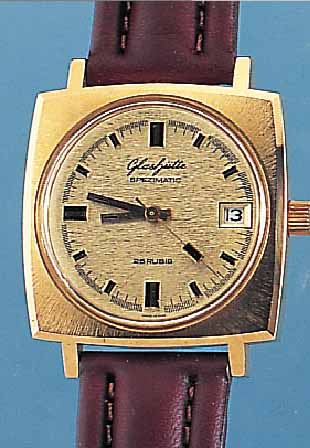 GLASHÜTTE HERRENARMBANDUHR SPEZIMATIC, DEUTSCHLAND UM 1974, METALL HARTVERG., CARREE-CAMBRE-FORM, EDELST.-BODEN GEDR., 26 ST., LE- DERBAND ...