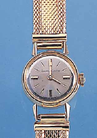 JAEGER LE COULTRE DAMENGOLDBANDUHR, REF.-NR.1683, SCHWEIZ UM 1966, GG 750/000-GEH. INCL. NEUTR. GG 750/000-FLECHTBAND, SICHERHEITSKETT-CHEN, BODEN ...