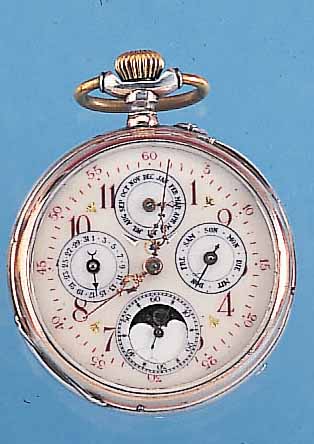 GALONNE HERRENTASCHENUHR LEPINE, SCHWEIZ UM 1898, 800ER SILBER, RäNDER ROTVERG., VOLLKA- LENDERANZ. INCL. MONDPHASE, KORREKTURDR. HIER-FüR IM ...