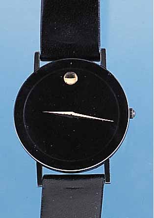 MOVADO HERRENARMBANDUHR MUSEUMS WATCH, REF.-NR. 87-40-882N, SCHWEIZ UM 1988, FLACHES EDEL-ST.-GEH. SCHW. MATT., SAPHIRVERGL. üBER GES. DURCHM. ...
