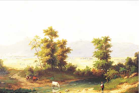 LINDNER, CARL, 1840 ULM - 1883 DüSSELDORF, ÖL/LWD., 47 X 65 CM, ROM. RHEINLANDSCHAFT, IM VORDERGRUND HIRTE MIT DREI TIEREN AM BACH- LAUF, IM ...
