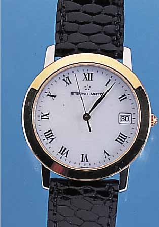 ETERNA-MATIC HERRENARMBANDUHR, MODELL 1856, STAHL/GOLD, SAPHIRFLACHGL., GLASBD., RöM. ZAHLEN, DATUMANZ., AUTOMATIK, AB HERST. WAS- SERDT. 30 ...