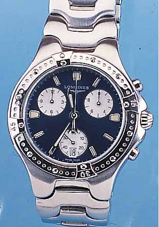 LONGINES ARMBANDCHRONOGRAPH, REF.-NR. L3/614/4, SCHWEIZ UM 1996, EDELST. MASSIV, EDELST.-BAND MATT., TEILW. POL., SAPHIRFLACH- GL., ...